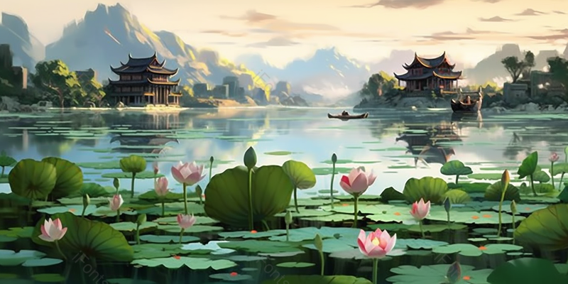 绿色荷叶莲花池古建筑风景画,插画/手绘图,插画/手绘图库,插画/手绘图下载,插画/手绘